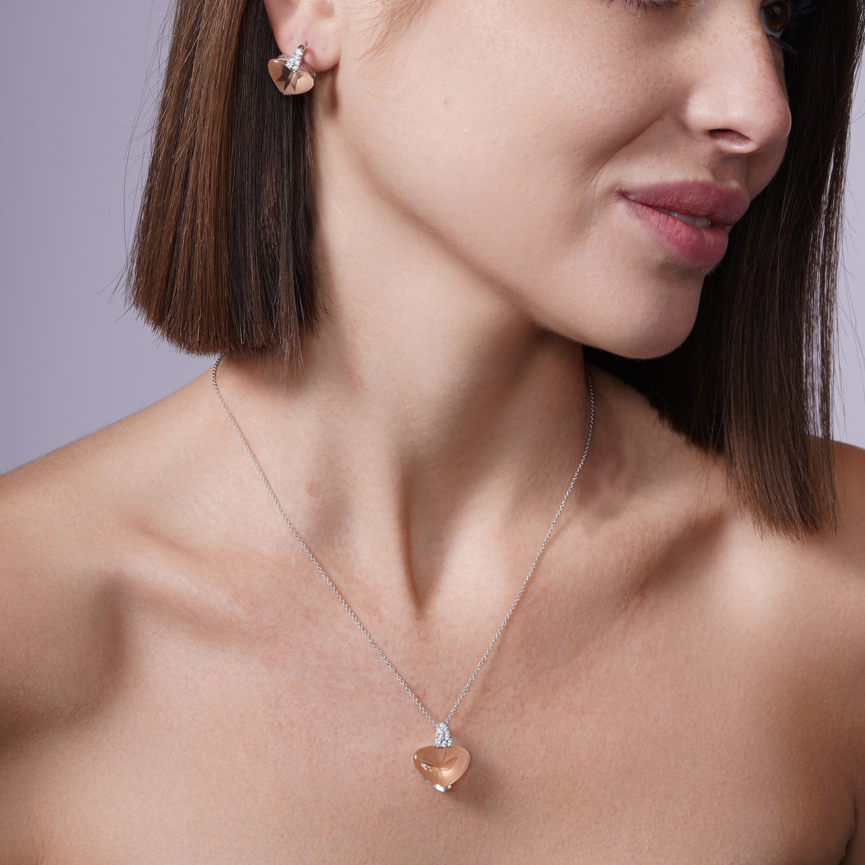 Silver 925 Rhodium Plated Heart Champaign CZ Set - STS00270CHP