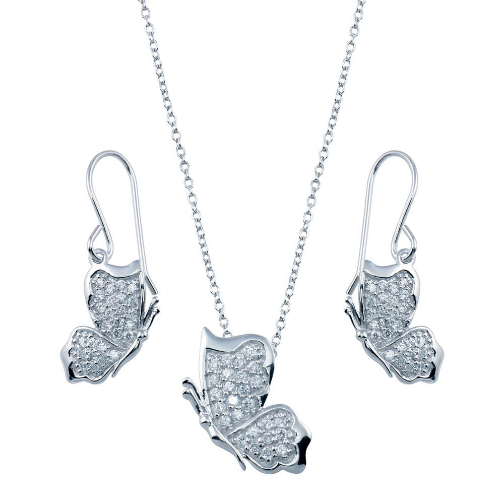 Rhodium Plated 925 Sterling Silver Butterfly Necklace and Earring Set - STS00272CLR