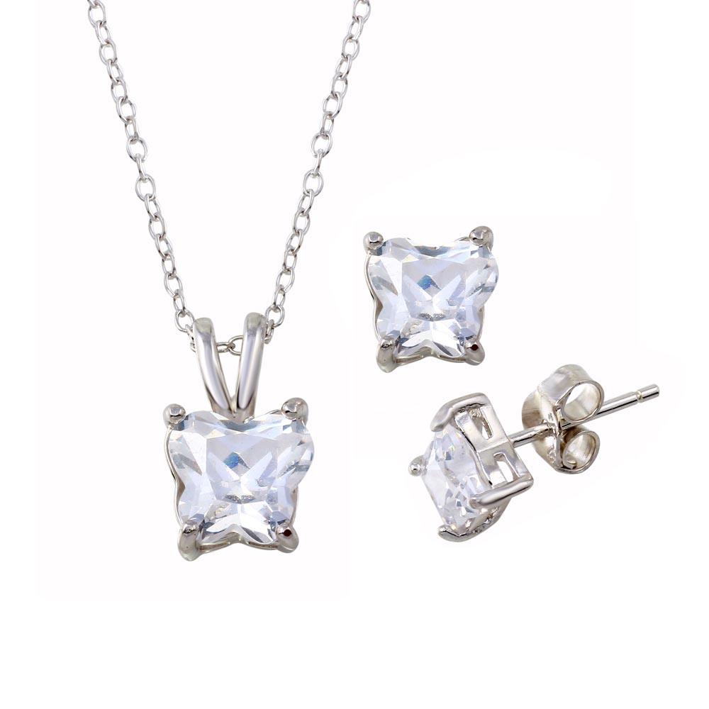 Silver 925 Rhodium Plated Butterfly Shape CZ Stud Earring and Necklace Set - STS00292