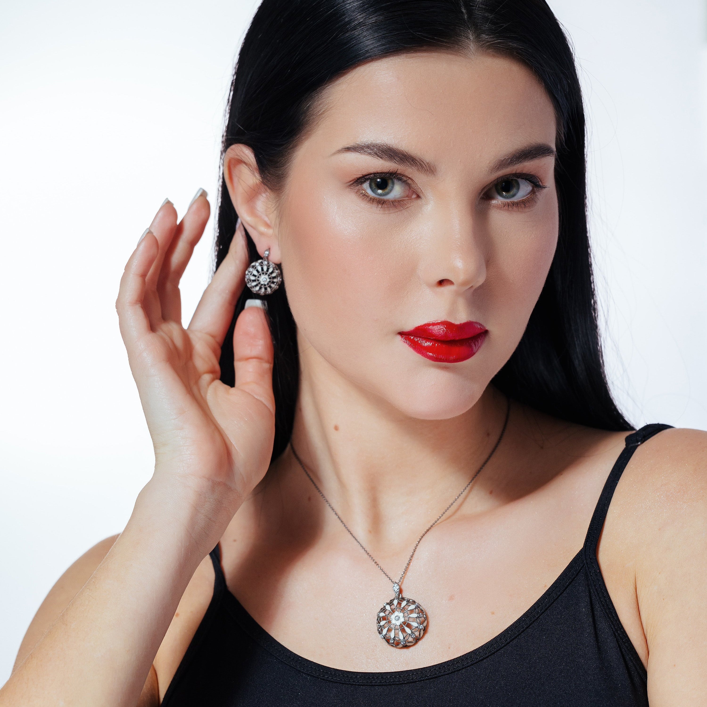 Silver 925 Rhodium Plated Flower Round Black CZ Dangling Stud Earring and Necklace Set - STS00294