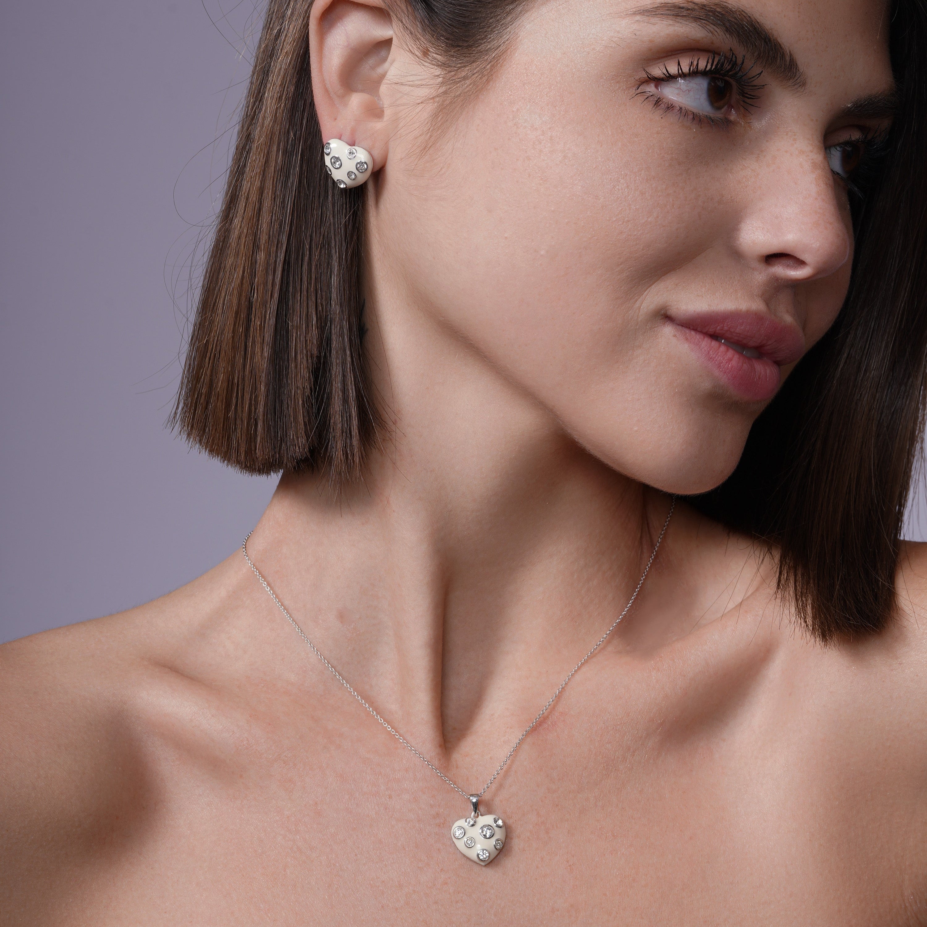 Silver 925 Rhodium Plated Heart White Enamel Clear CZ Stud Earring and Necklace Set - STS00315