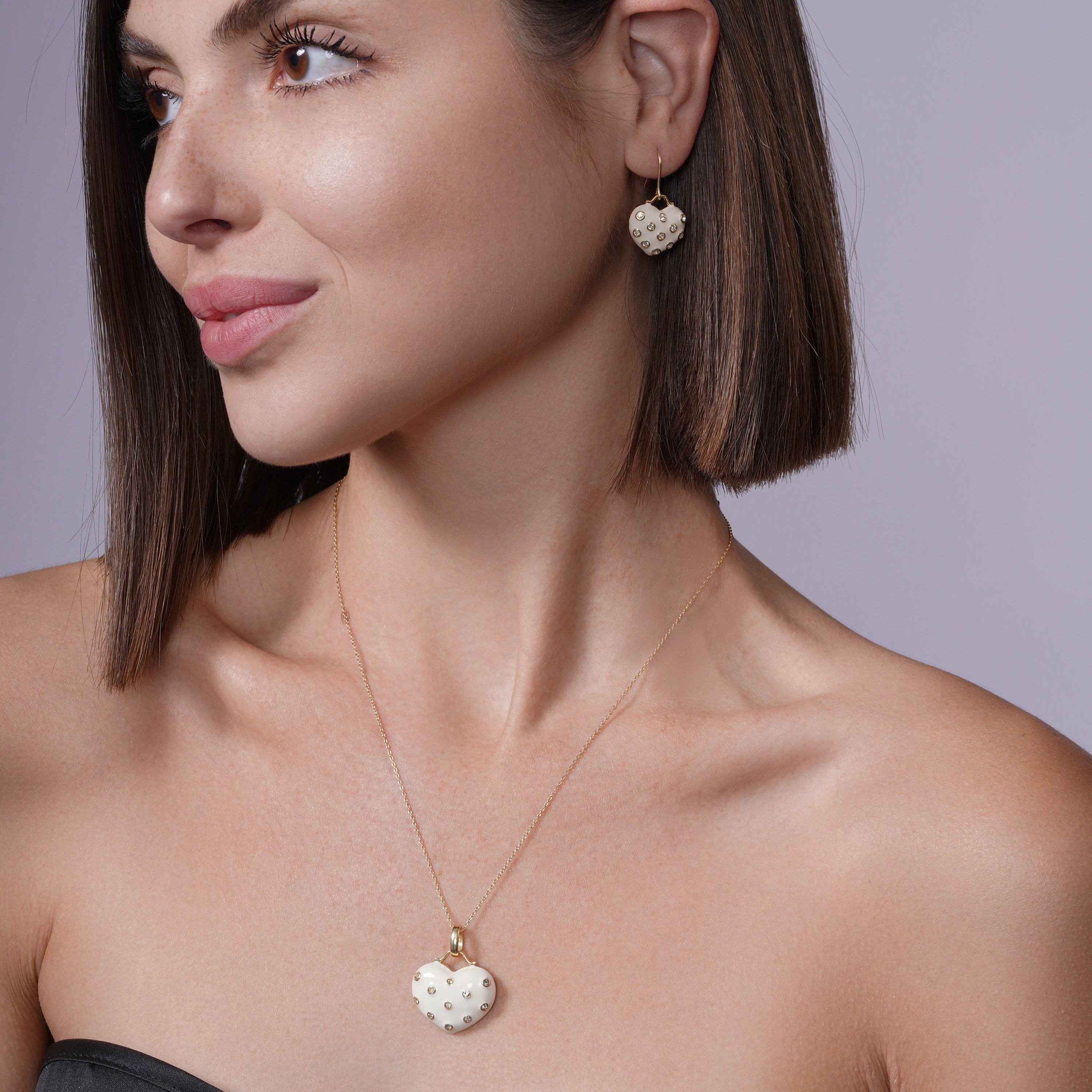 Silver 925 Rhodium Plated Heart White Enamel Clear CZ Dangling Hook Earring and Necklace Set - STS00317