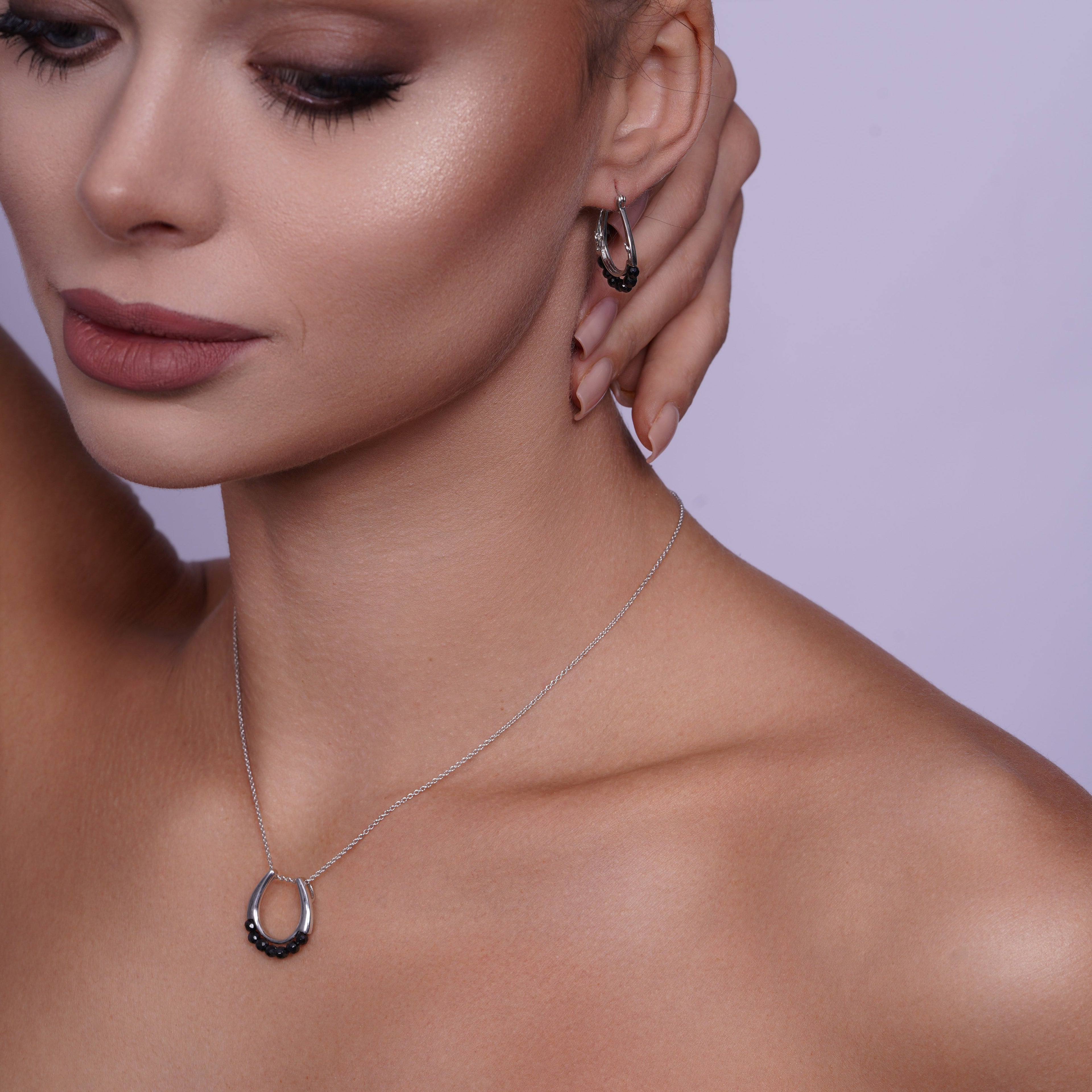 Silver 925 Rhodium Plated Open Round Black Ball CZ Hoop Set - STS00345
