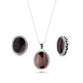 Silver 925 Rhodium Plated Black Oval MOP CZ Stud Earring and Necklace Set - STS00368