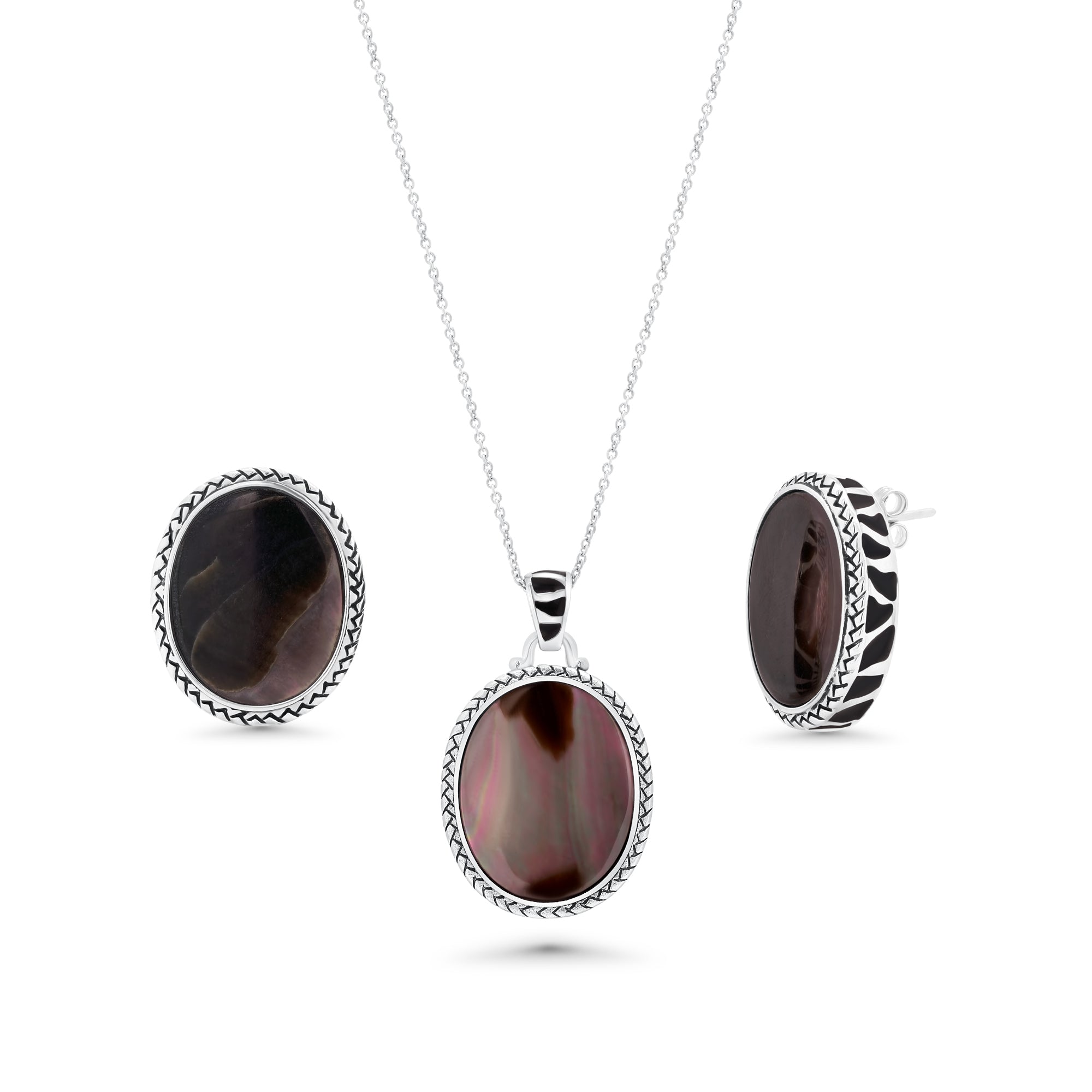 Silver 925 Rhodium Plated Black Oval MOP CZ Stud Earring and Necklace Set - STS00368