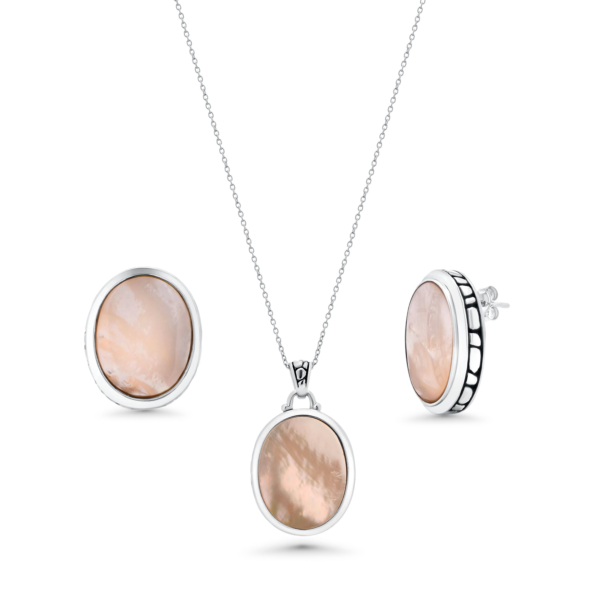 Silver 925 Rhodium Plated White Oval Mother of Pearl CZ Stud Earring and Necklace Set - STS00369