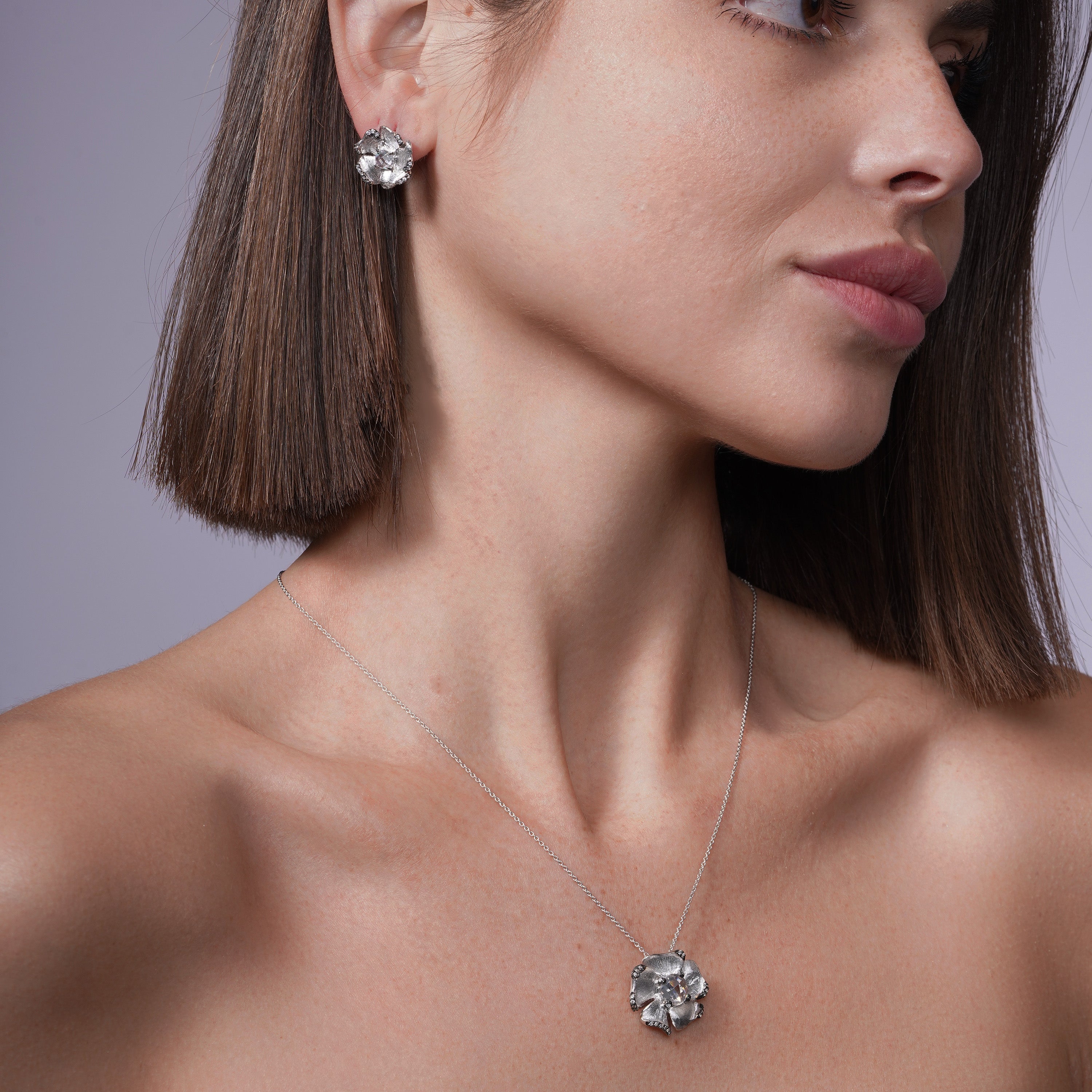 Silver 925 Rhodium Plated Matte Finish Flower CZ Set - STS00371