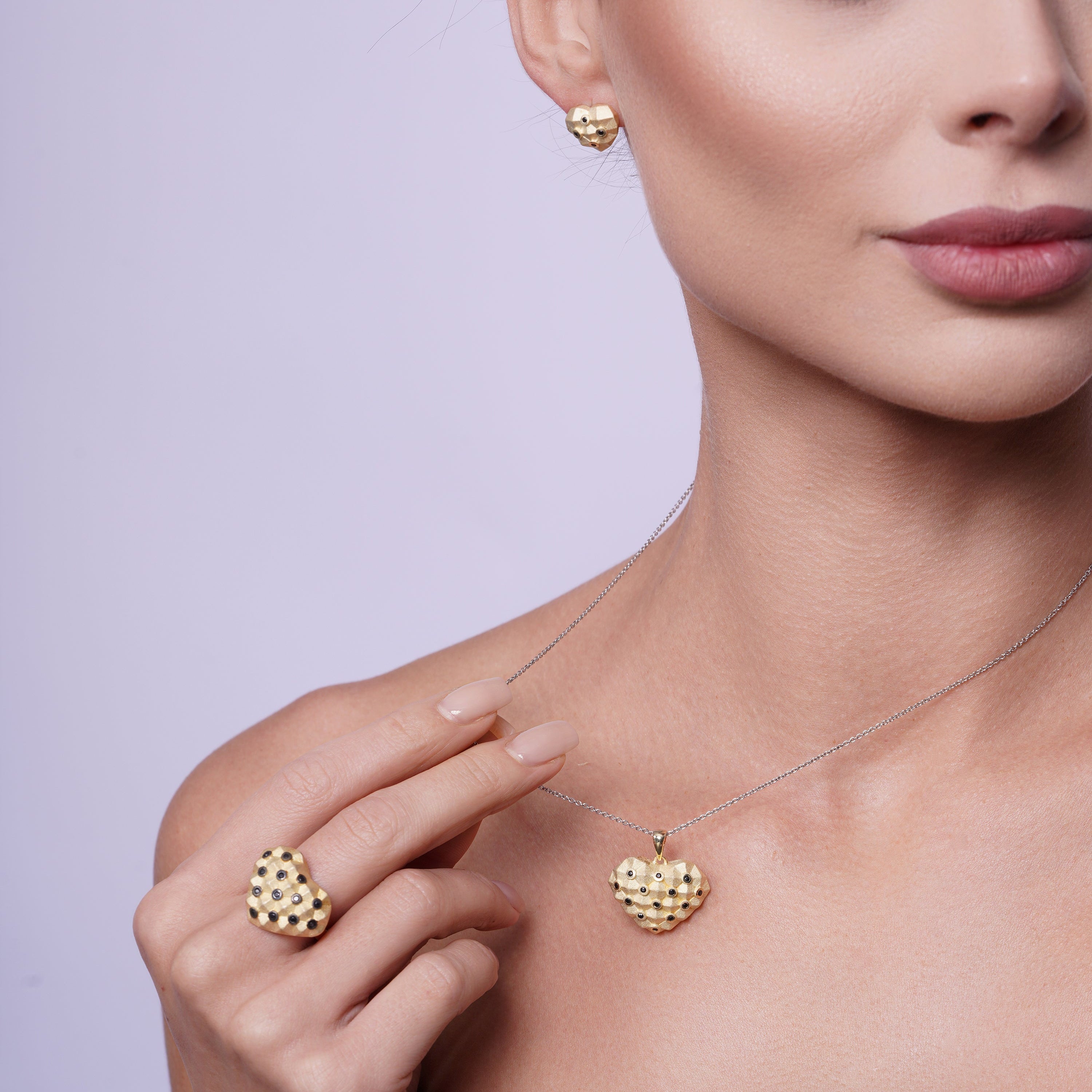 Silver 925 Gold Plated Black Polka Dot Heart CZ Stud Earring and Necklace Set - STS00379