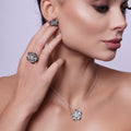 Silver 925 Black Rhodium Plated Flower White Enamel CZ Set - STS00388