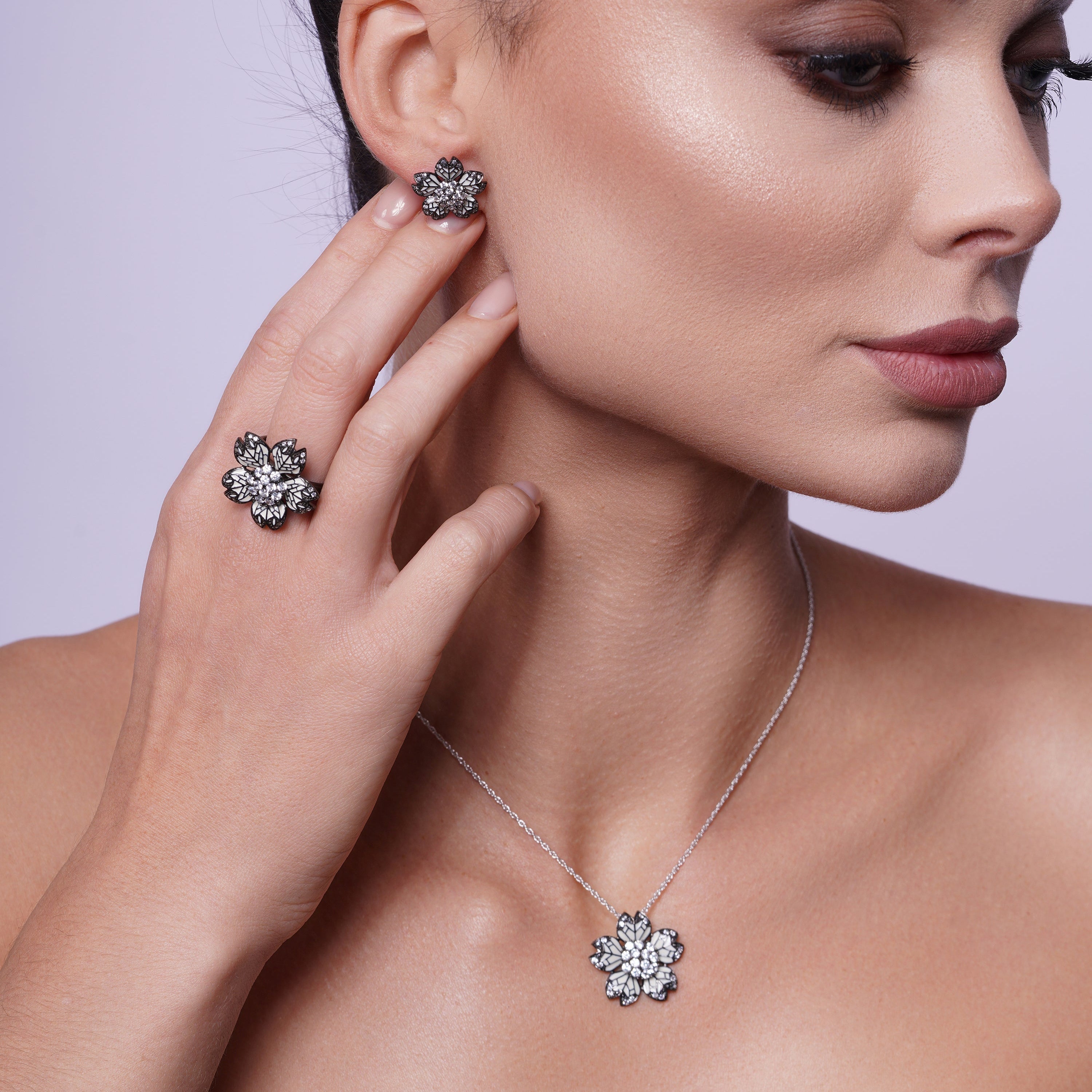Silver 925 Black Rhodium Plated Flower White Enamel CZ Set - STS00388