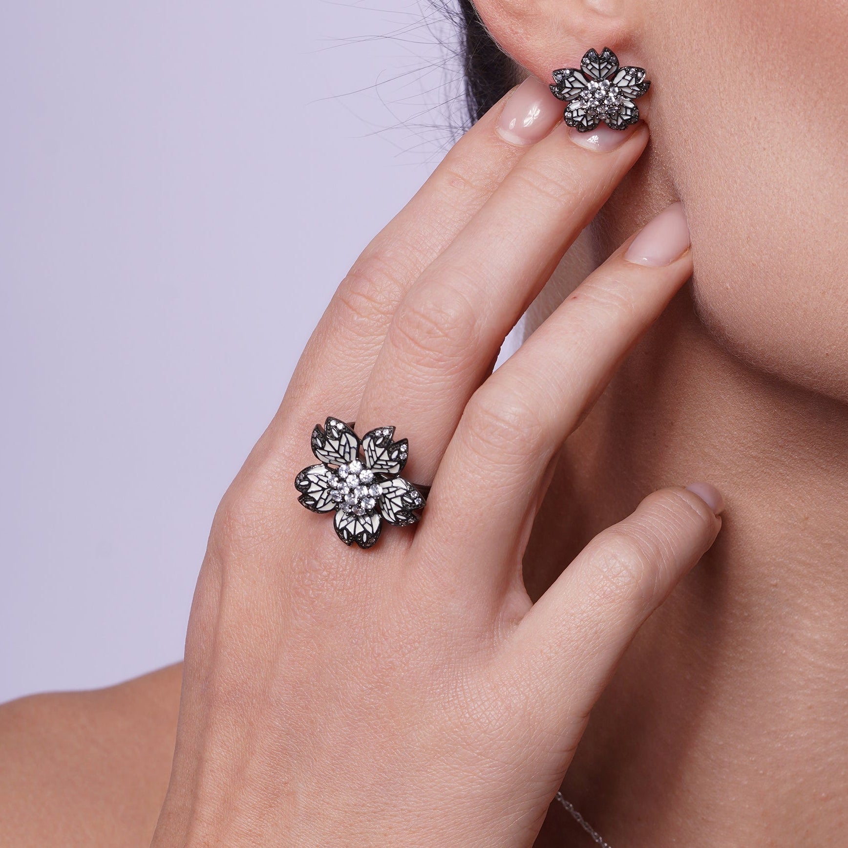 Silver 925 Black Rhodium Plated White Enamel Pave Set Clear CZ Flower Ring - STR00857