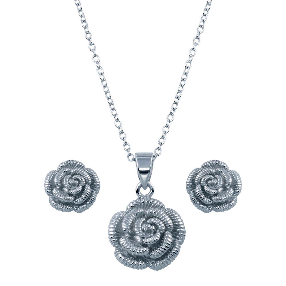 Rhodium Plated 925 Sterling Silver Flower CZ Stud Earring and Necklace Set - STS00426