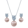 Rhodium Plated 925 Sterling Silver Pink Pearl Dangling Stud Earring and Necklace Set - STS00427