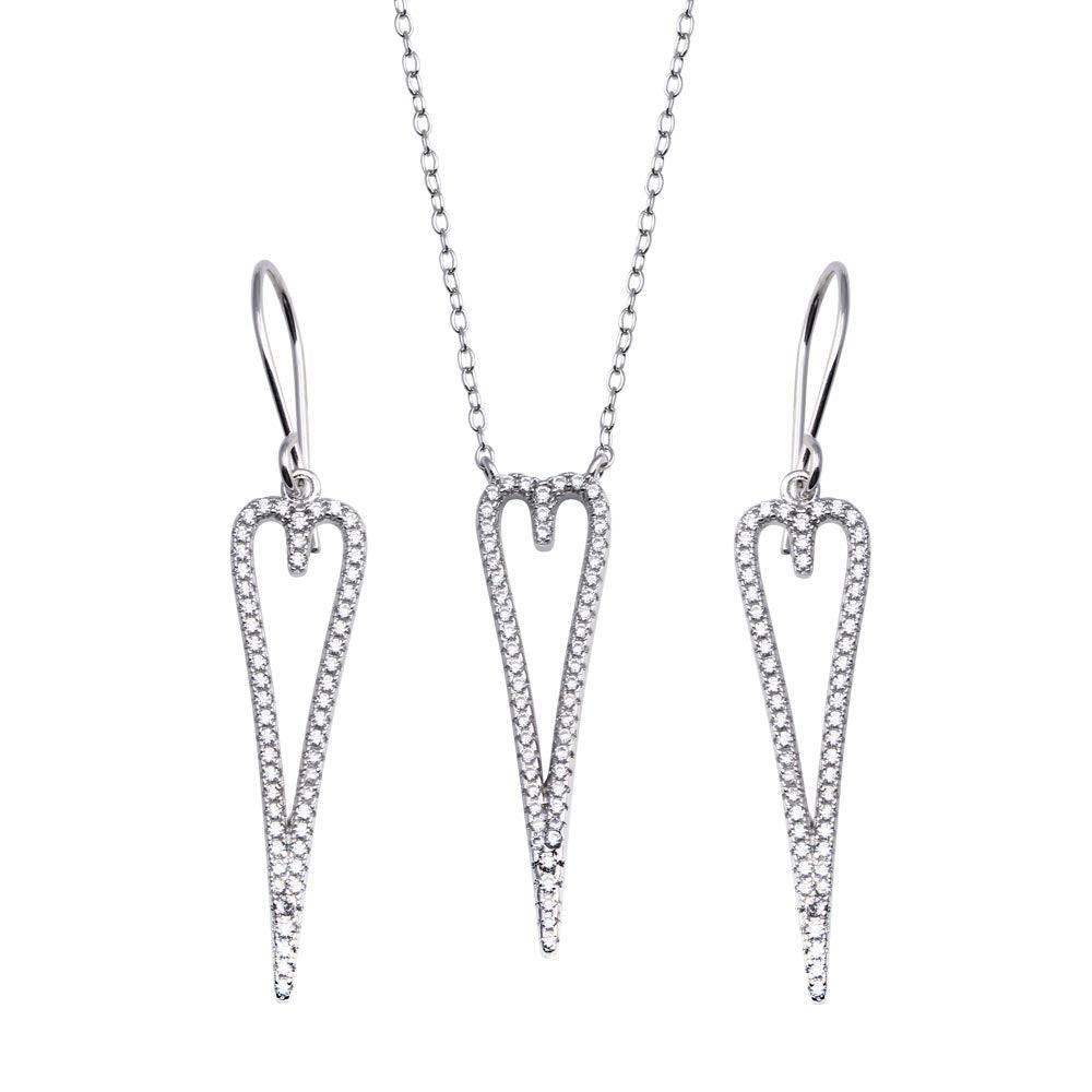 Rhodium Plated 925 Sterling Silver Dangling Open Heart CZ Set - STS00531