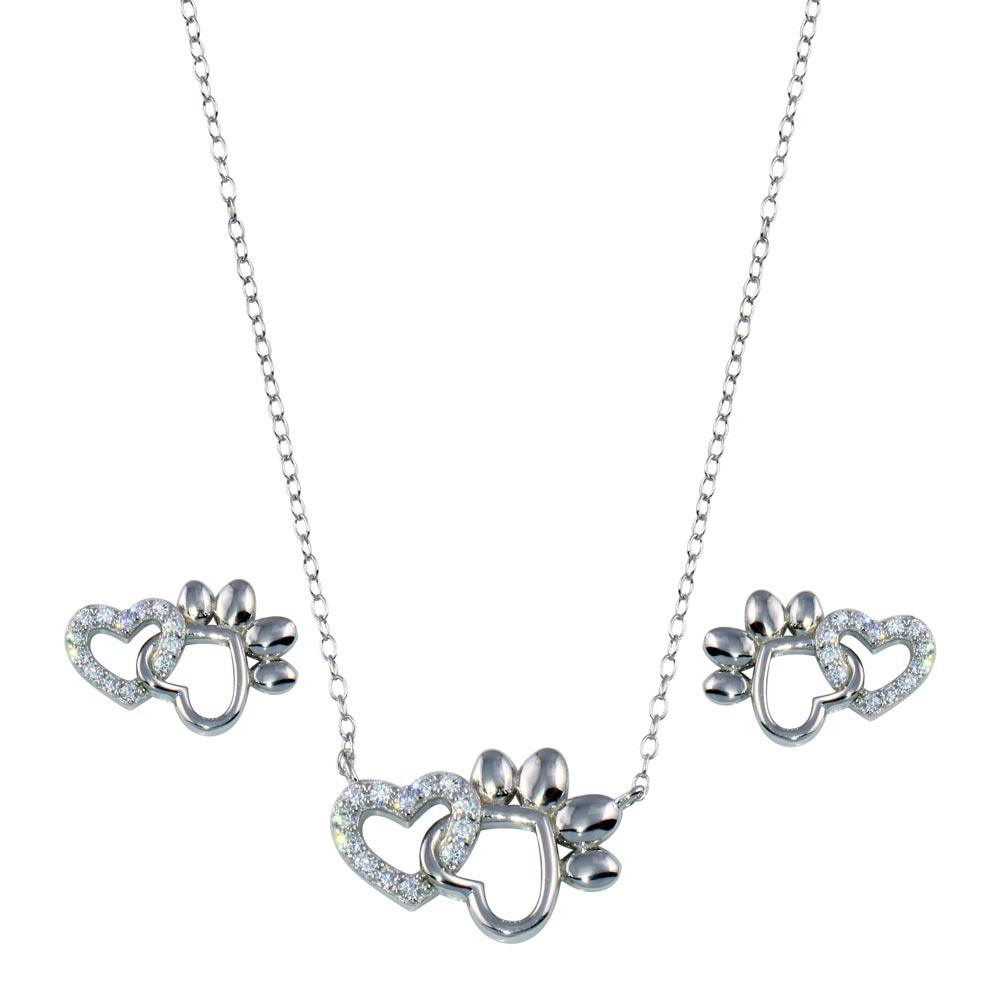 Rhodium Plated 925 Sterling Silver Paw Heart CZ Set - STS00535