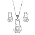 Rhodium Plated 925 Sterling Silver Cat CZ Mother of Pearl Set - STS00536