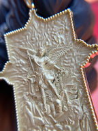 Saint Michael Archangel gold pendant, second view showing the beaded rope border and open wings