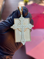 Saint Michael Archangel gold pendant reverse, ornamental cross with pierced scrollwork and radiating burst
