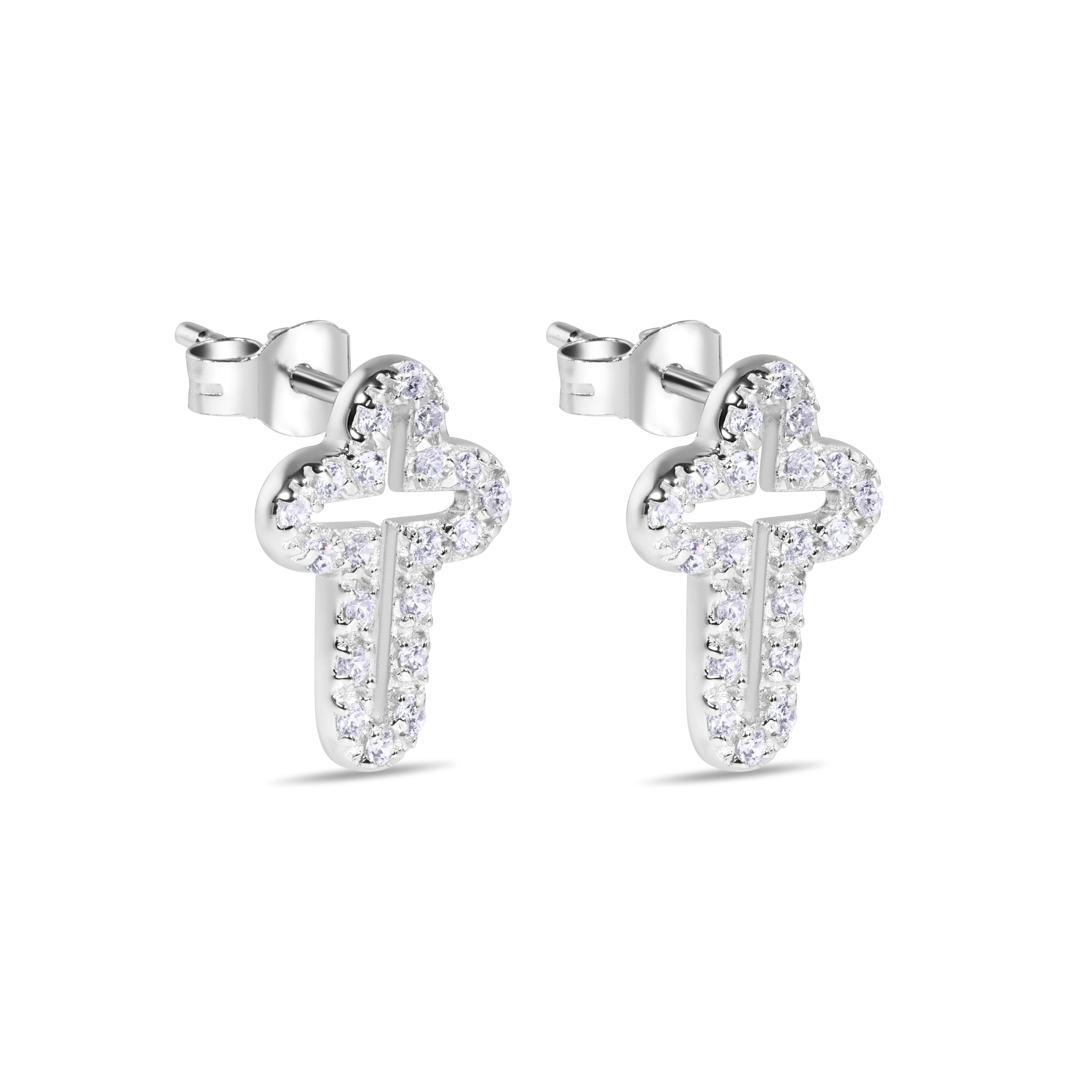 Silver 925 Rhodium Open Cross Plated Clear CZ Stud Earrings - STEM023