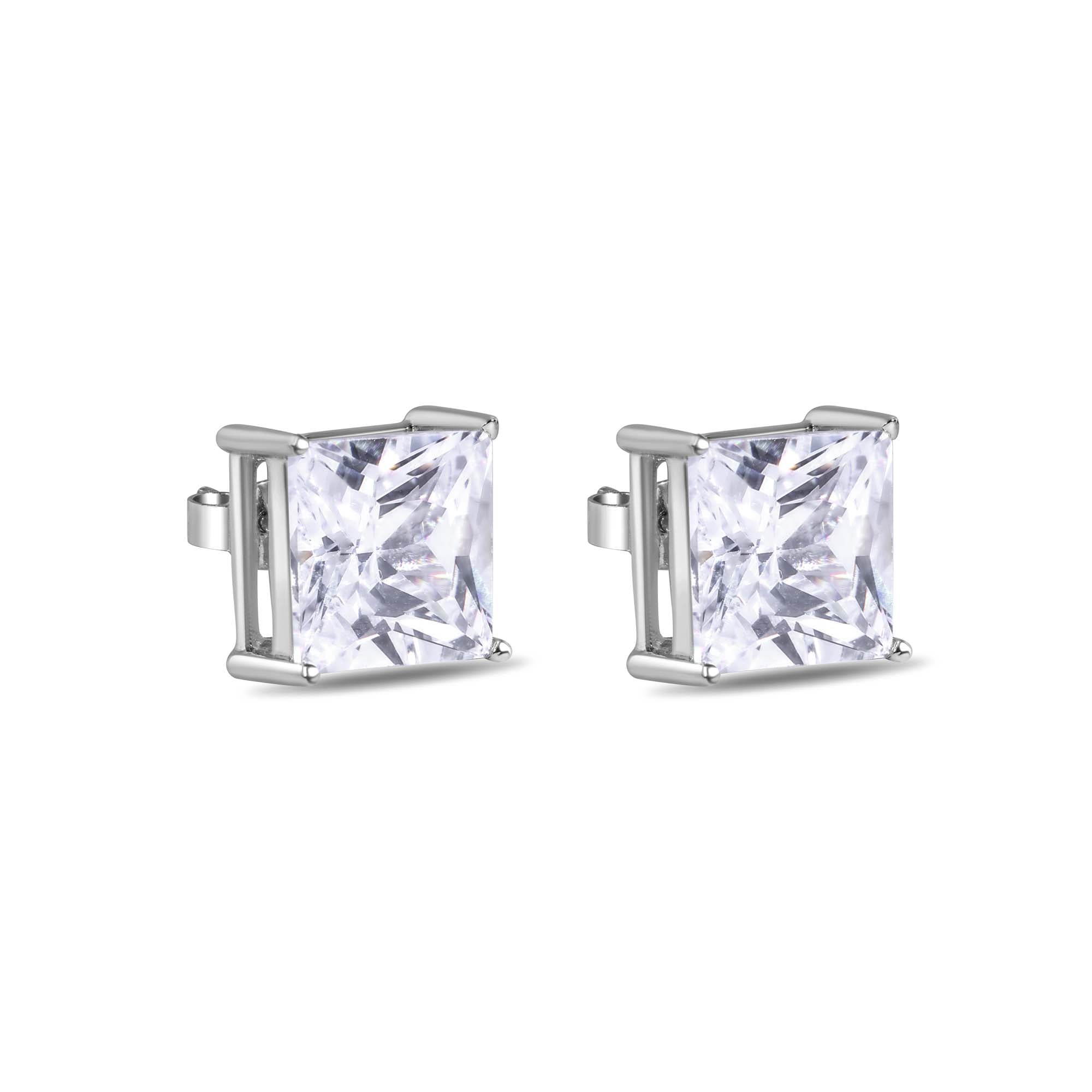 Rhodium Plated 925 Sterling Silver Square 11mm Clear CZ Earrings- STEM082