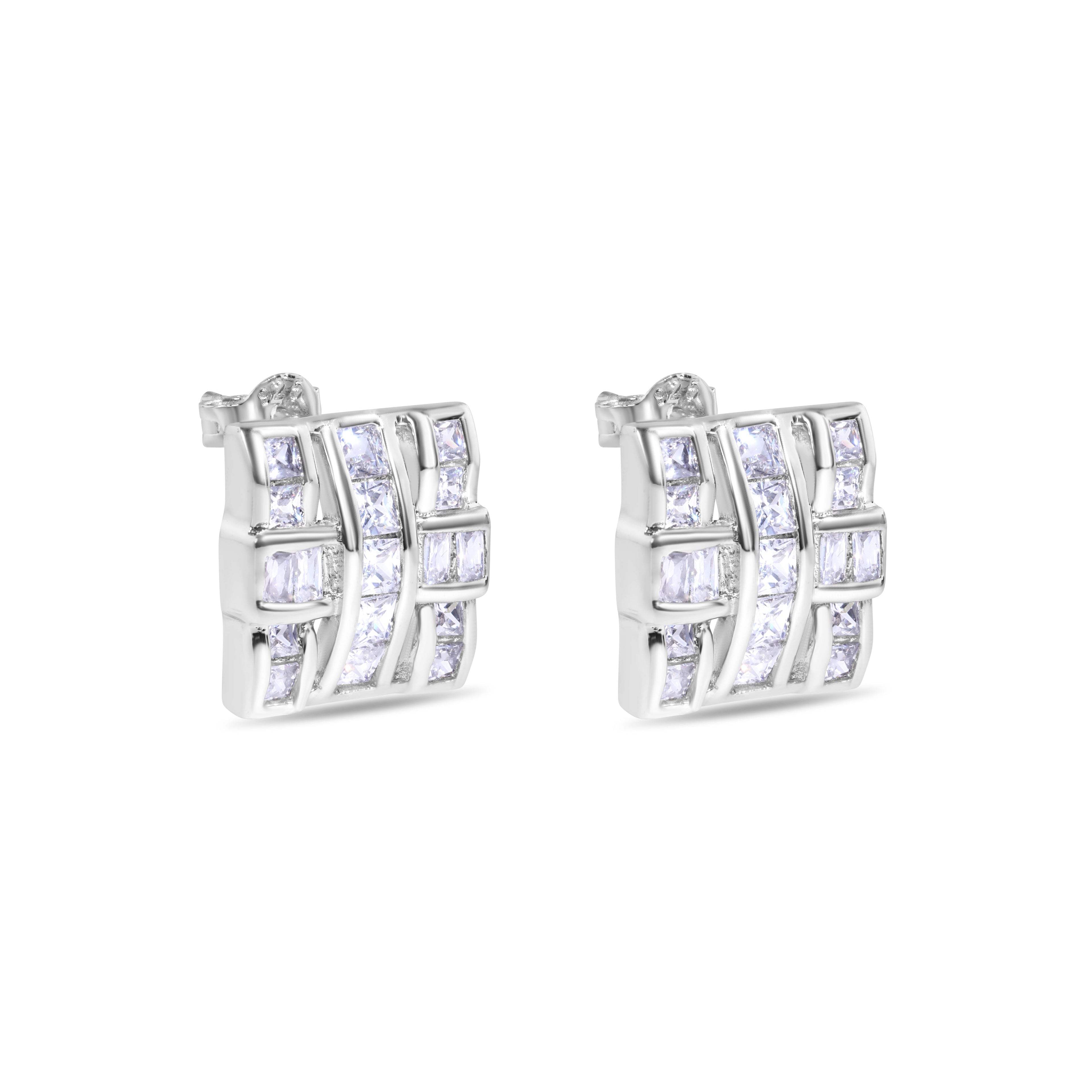 Rhodium Plated 925 Sterling Silver Square Cross Design Clear CZ Stud Earring - STEM124