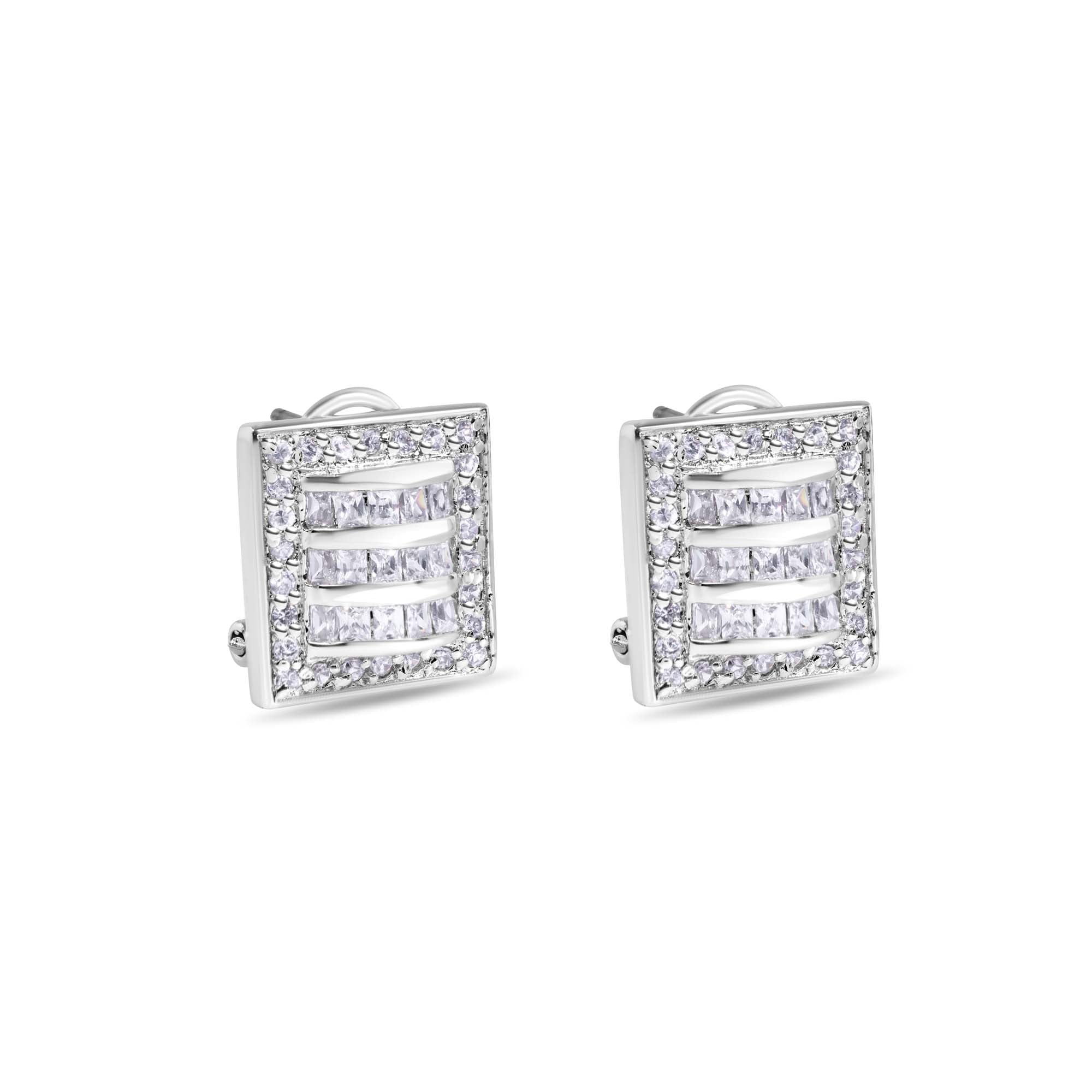 Rhodium Plated 925 Sterling Silver Square Linear Design Clear CZ Lever back Earrings - STEM132