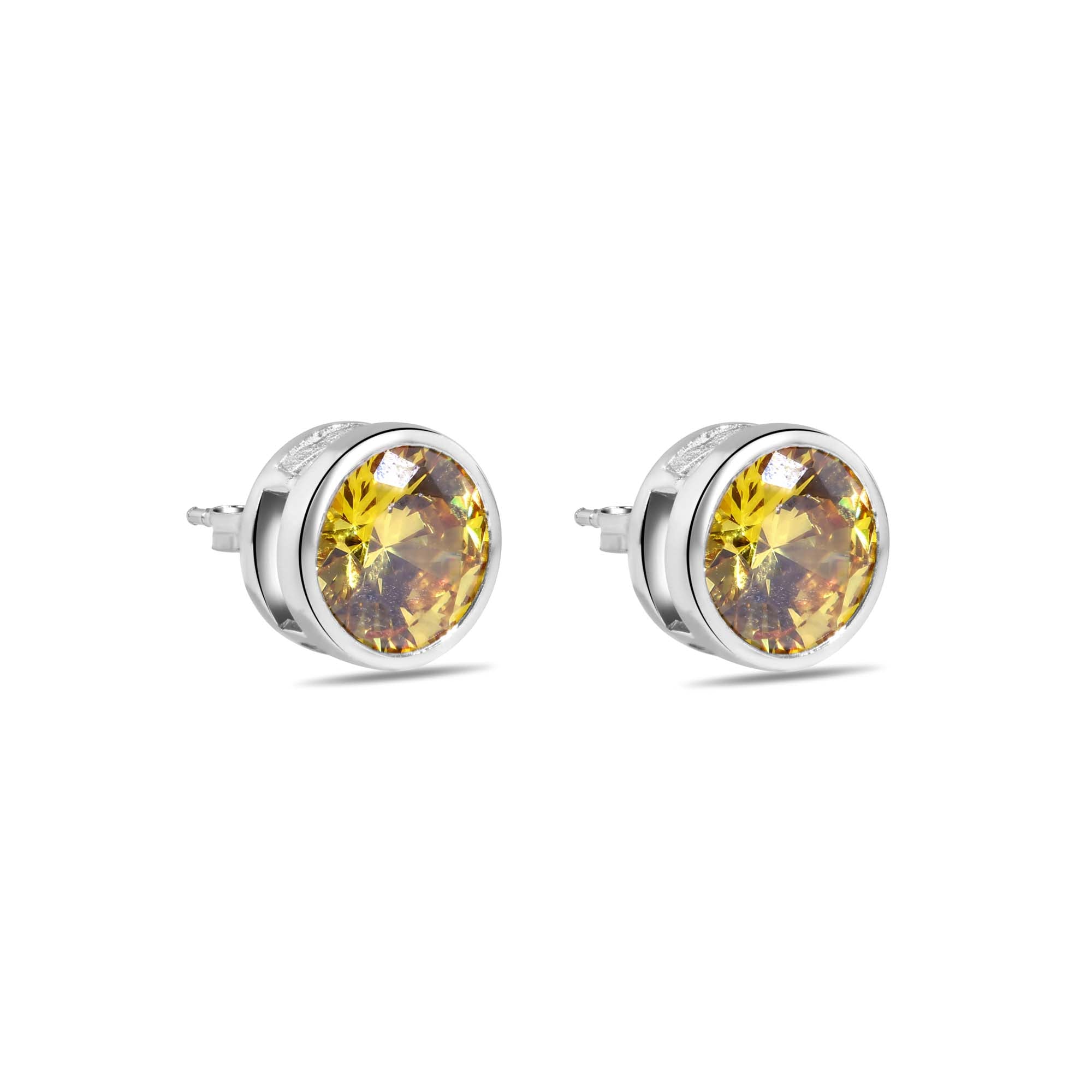 Rhodium Plated 925 Sterling Silver Round Yellow Citrine CZ Earrings - STEM133