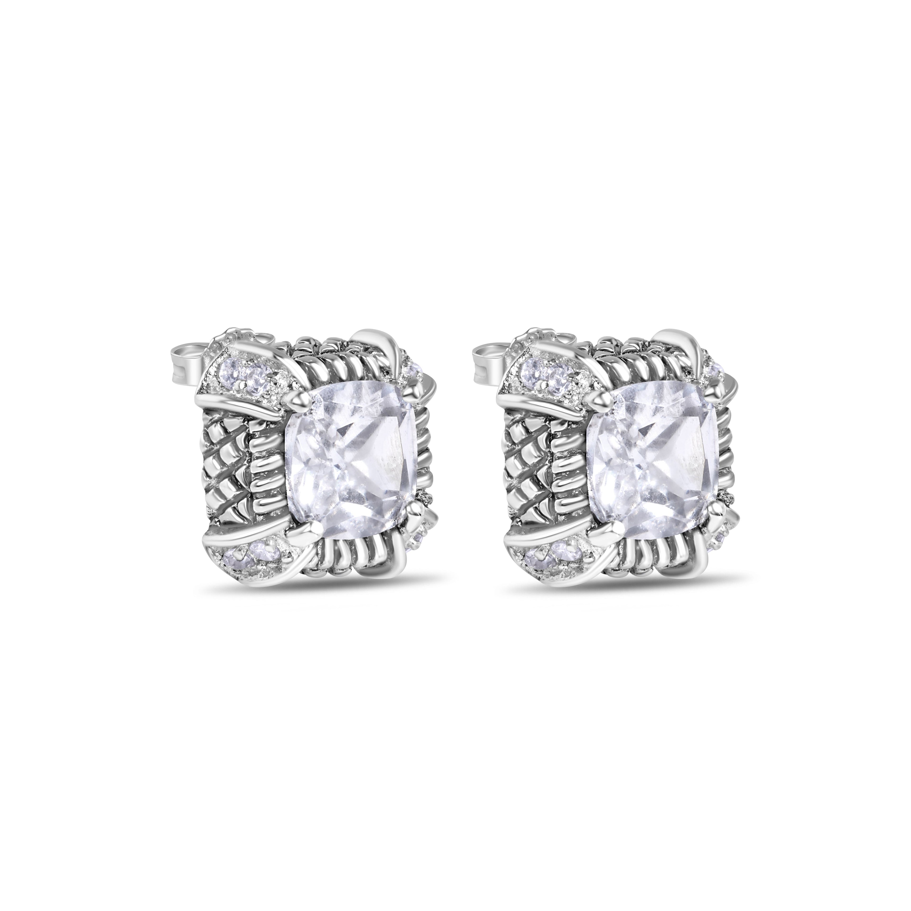Rhodium Plated 925 Sterling Silver Square CZ Stud Earring - STEM140
