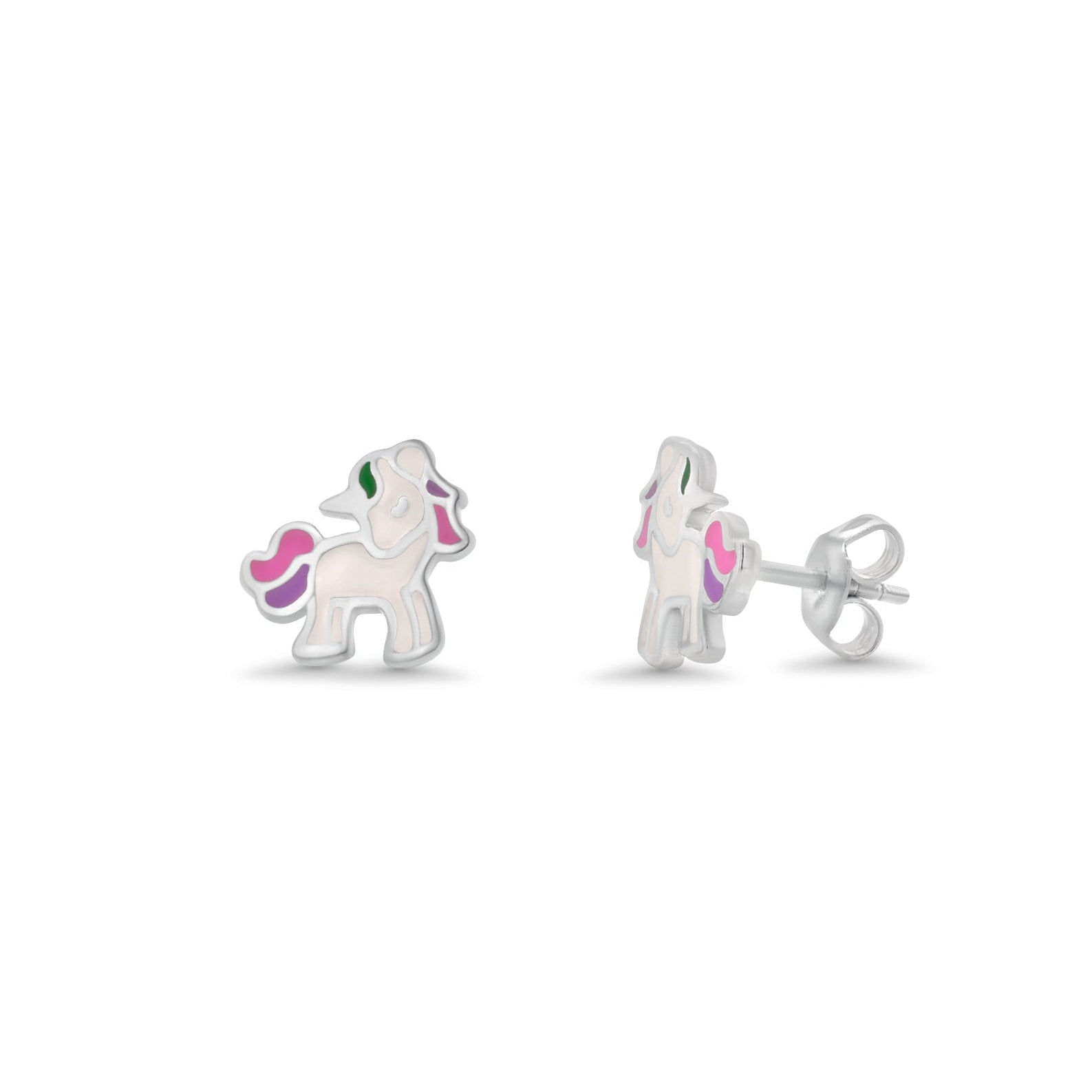 Rhodium Plated 925 Sterling Silver Enamel Unicorn Stud Earring - TGE00026