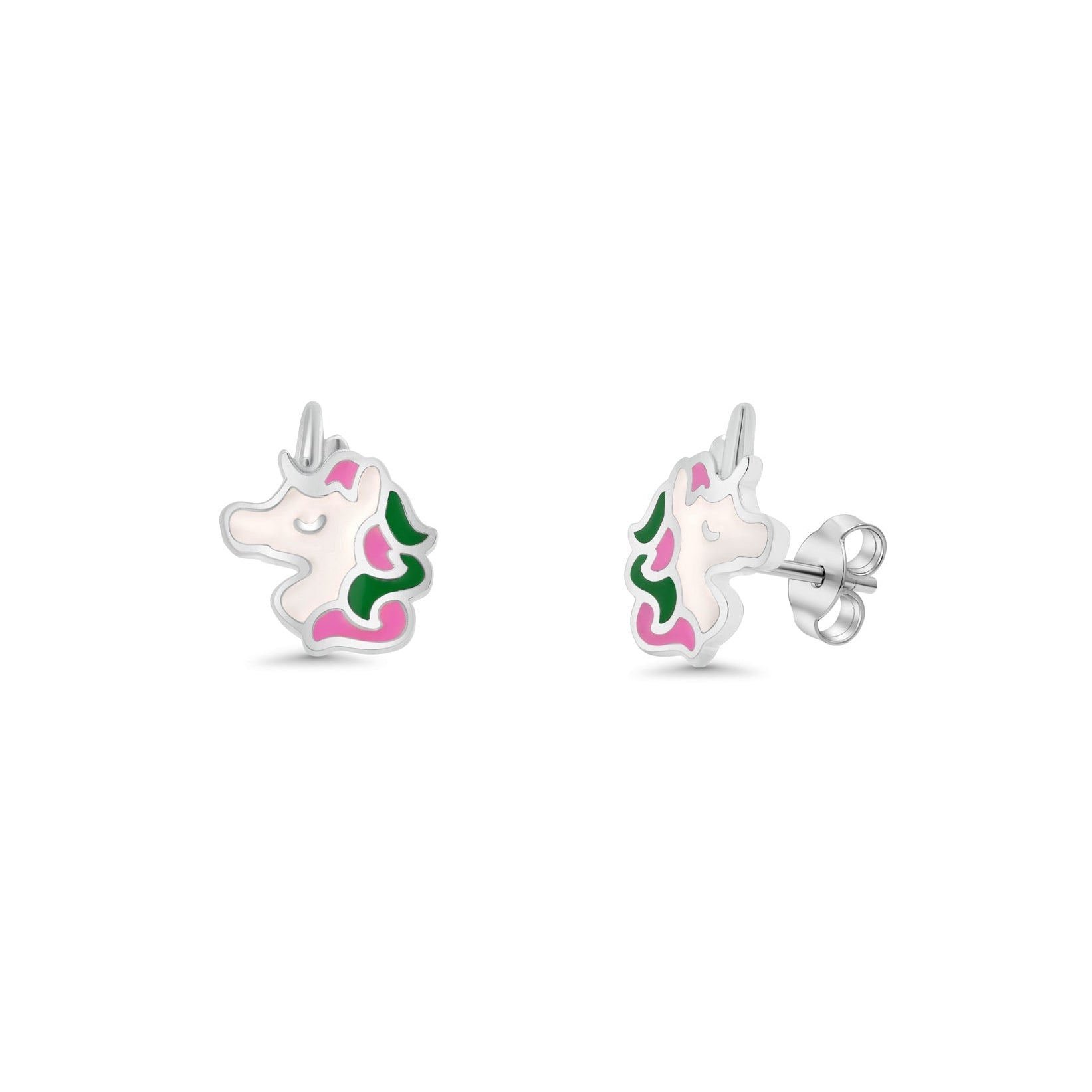 Rhodium Plated 925 Sterling Silver Enamel Unicorn Stud Earring - TGE00027