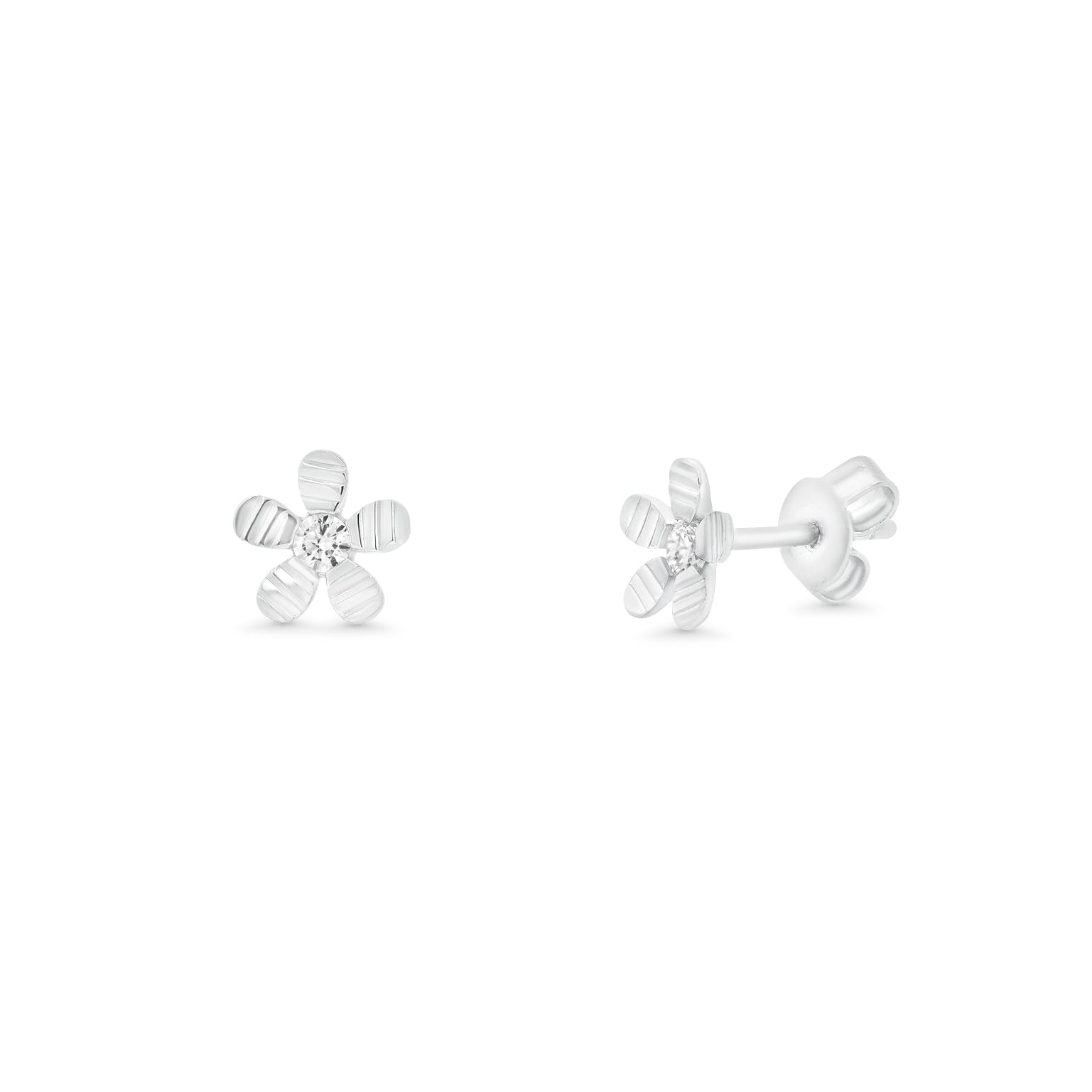 Rhodium Plated 925 Sterling Silver Diamond Cut Flower Stud Earring - TGE00028