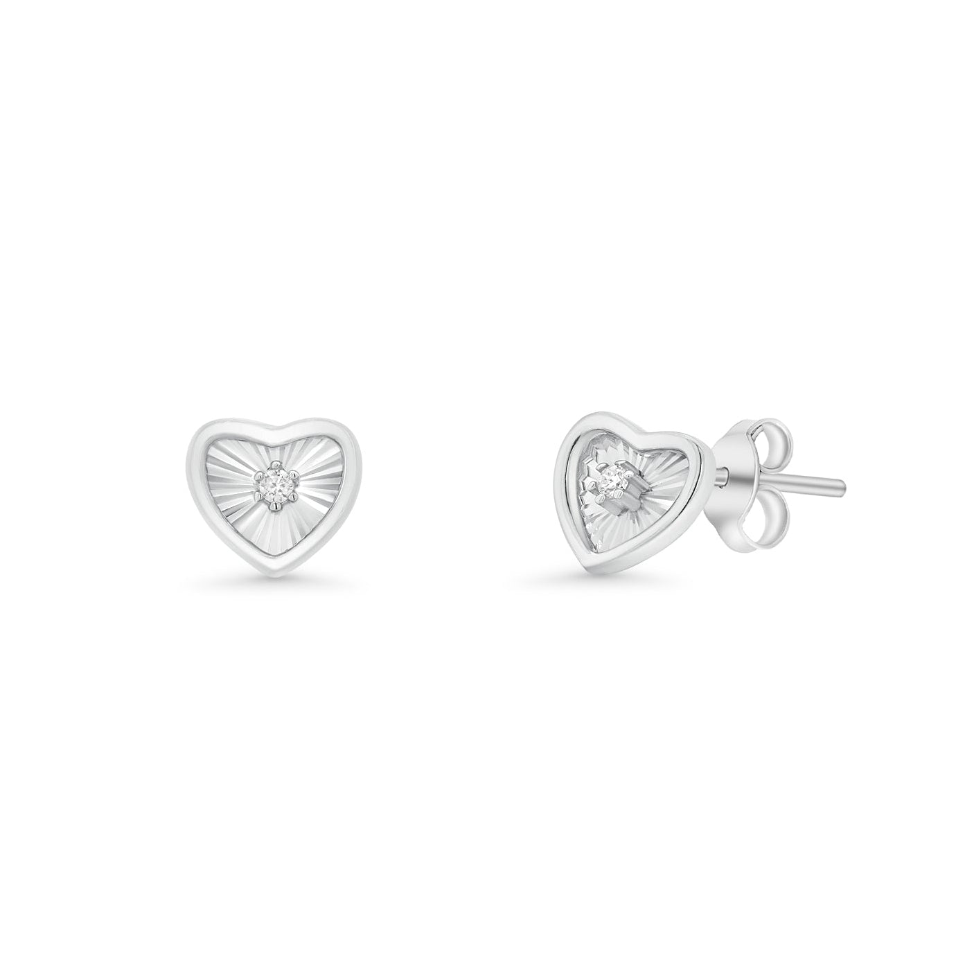 Rhodium Plated 925 Sterling Silver Diamond Cut Clear CZ Heart Stud Earring - TGE00030