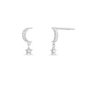 Rhodium Plated 925 Sterling Silver Moon and Star Drop Stud Earrings - TGE00035