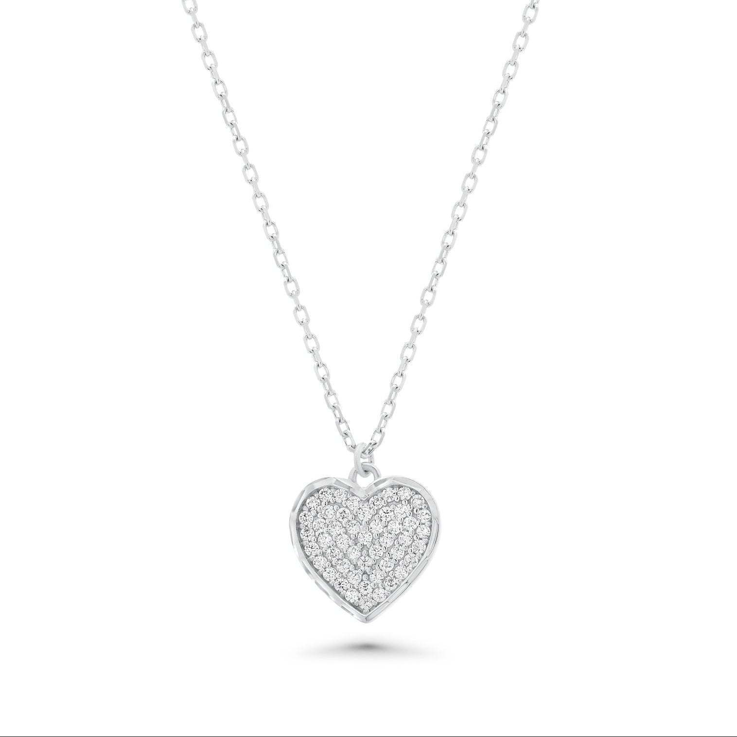 Rhodium Plated 925 Sterling Silver 11mm x 13mm Heart CZ Studded Adjustable Necklace - TGN00005