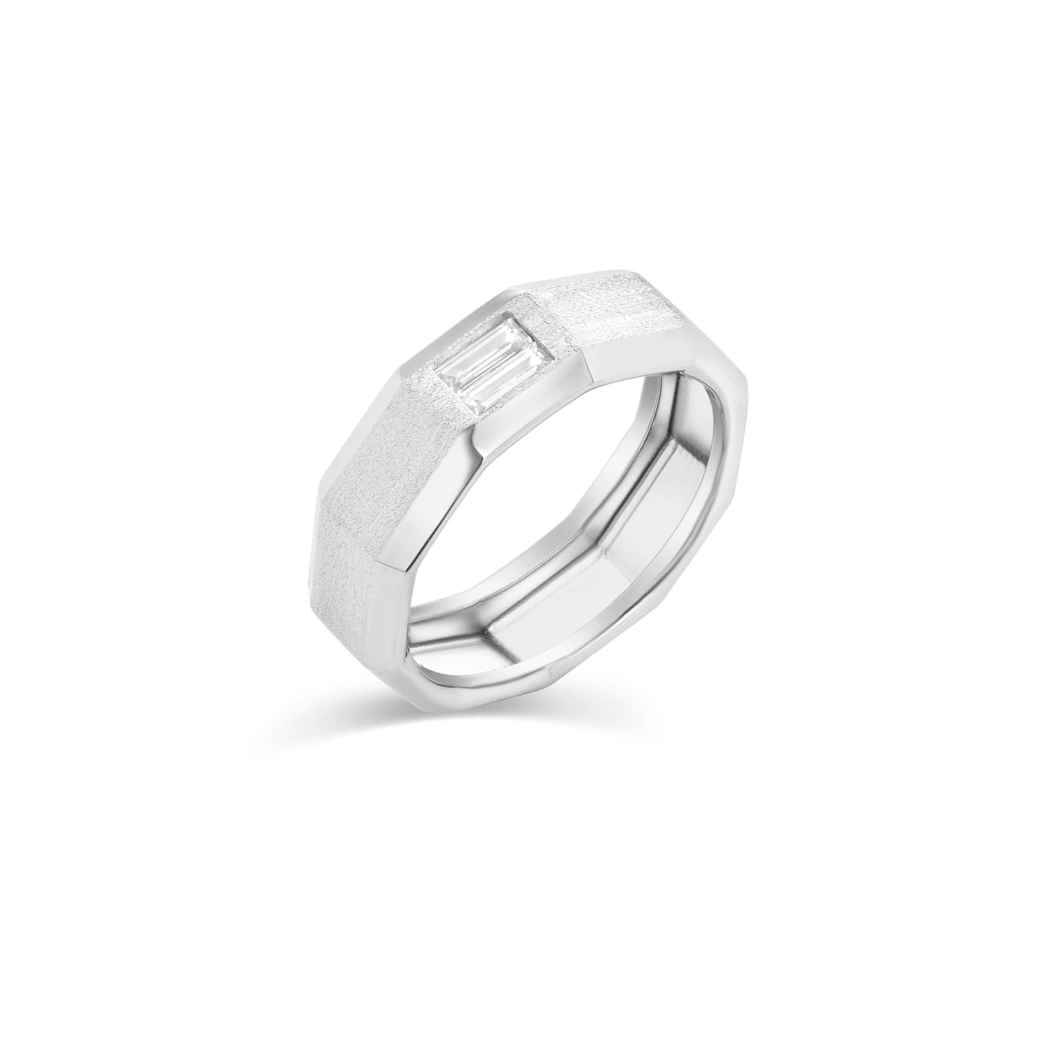 Rhodium Plated 925 Sterling Silver Men's Clear CZ Baguette Textured Edge 7.5mm Ring - TGR00010