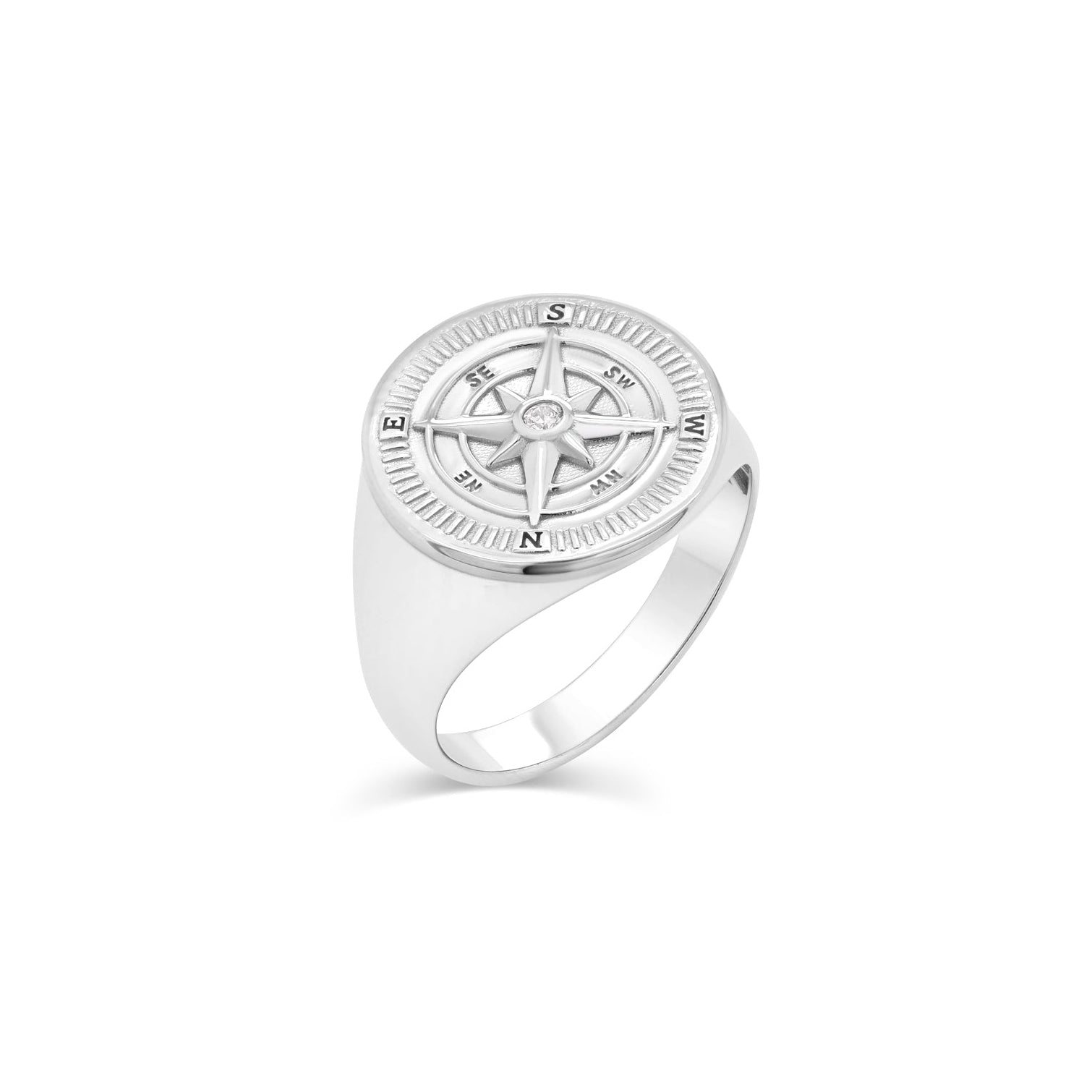 Rhodium Plated 925 Sterling Silver Men's Compass Face 17.7mm Ring - TGR00011