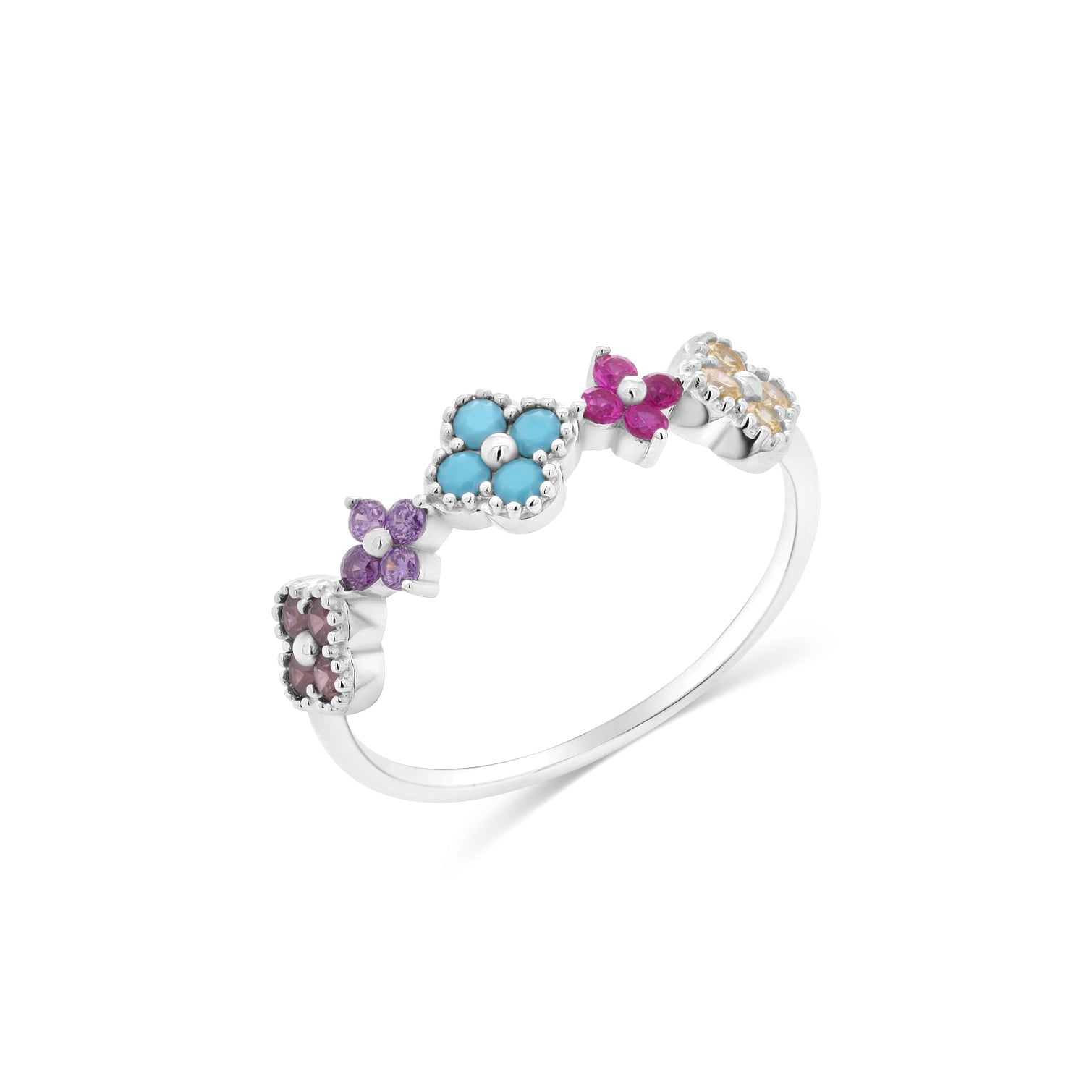 Rhodium Plated 925 Sterling Silver Multi Color CZ Flower Ring - TGR00029