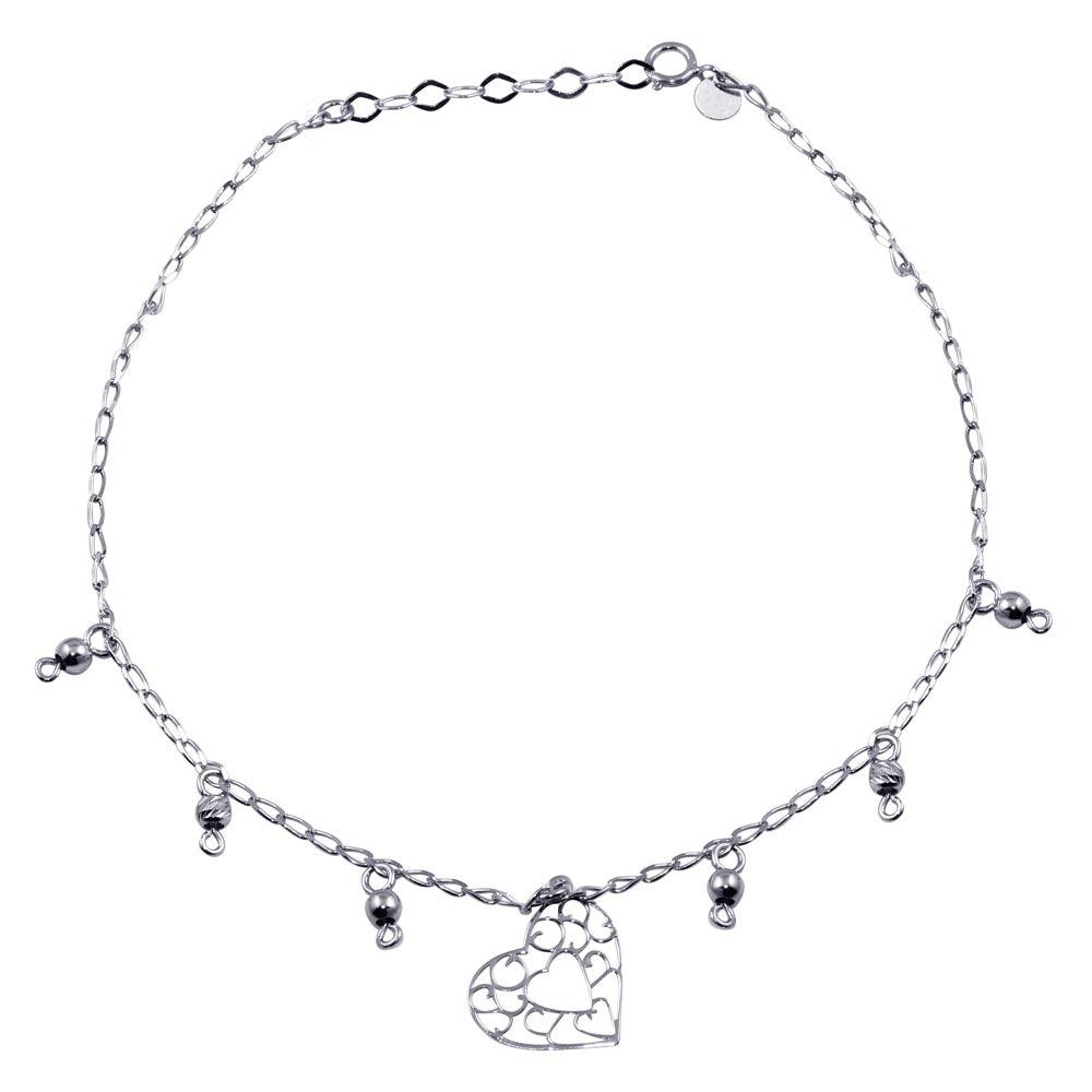 Rhodium Plated 925 Sterling Silver Heart Charm Anklet - TRA00002