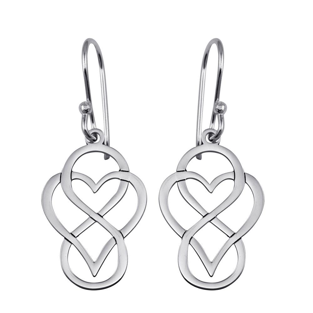 Rhodium Plated 925 Sterling Silver Dangling Flat Heart and Infinity Design Earrings - TRE00005