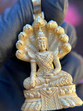 Solid gold Thai Buddha Phra Nak Prok pendant, front view of the Buddha seated in meditation beneath a fanned naga hood