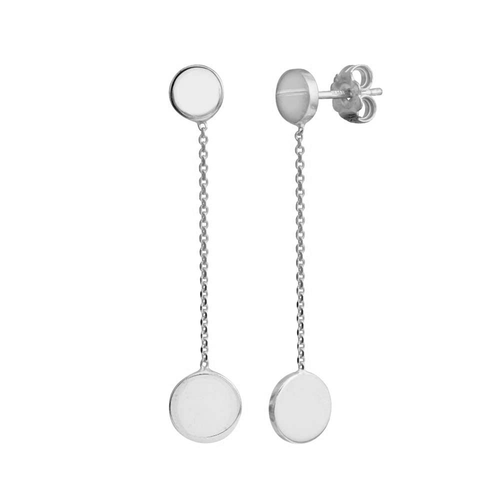 Rhodium Plated 925 Sterling Silver 2 Disc Connected with Chain Earring - VGE1RH