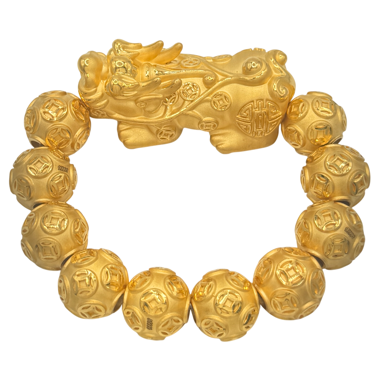 24K Yellow Gold Large Pi Xiu w/ Money Coin Balls Bracelet