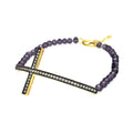 Silver 925 Black and Gold Plated Sideways CZ Cross With Purple Beads Bracelet - BGB00088