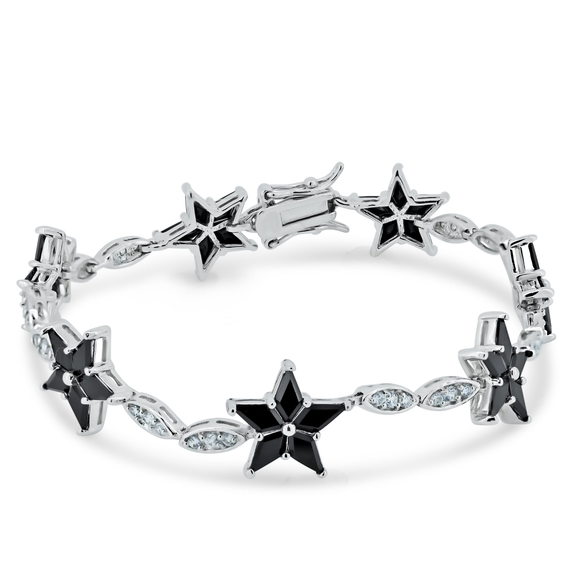 Silver 925 Rhodium Plated Black Star and Clear Marquis CZ Bracelet - BGB00098