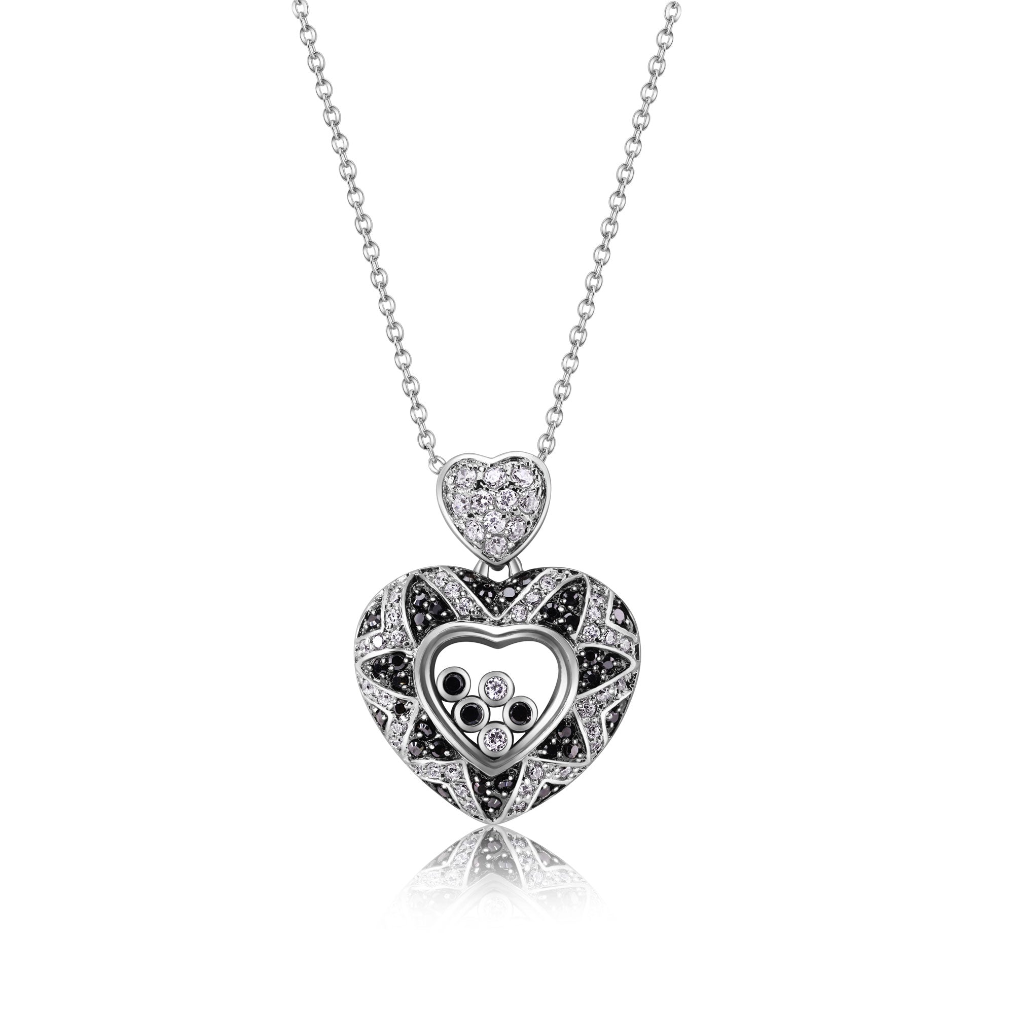 Silver 925 Floating Clear CZ Black Rhodium Plated Heart Necklace - BGP00006