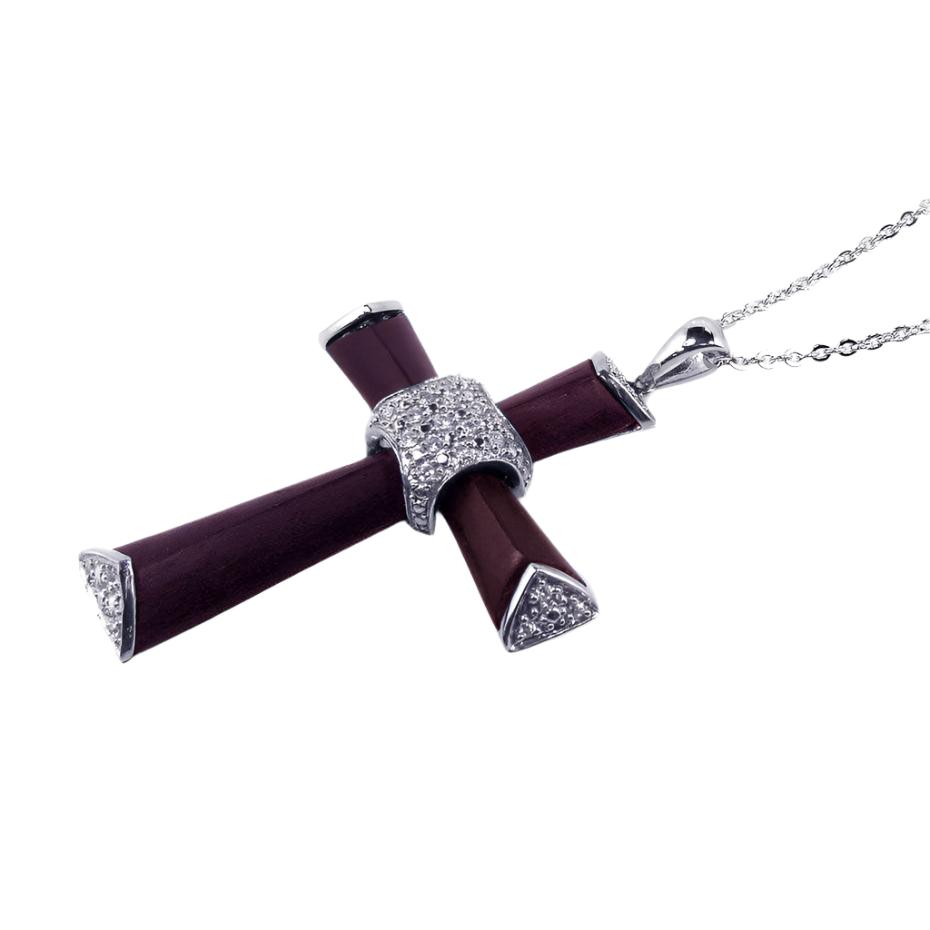 Silver 925 Clear CZ Rhodium Plated Wooden Cross Pendant Necklace - BGP00103