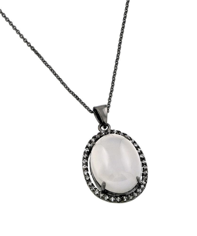 Silver 925 Black Rhodium Plated CZ Center Pearl Necklace - BGP00708