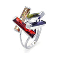 Silver 925 Rhodium Plated Multi Colored CZ Open Long Bar Ring - BGR00259