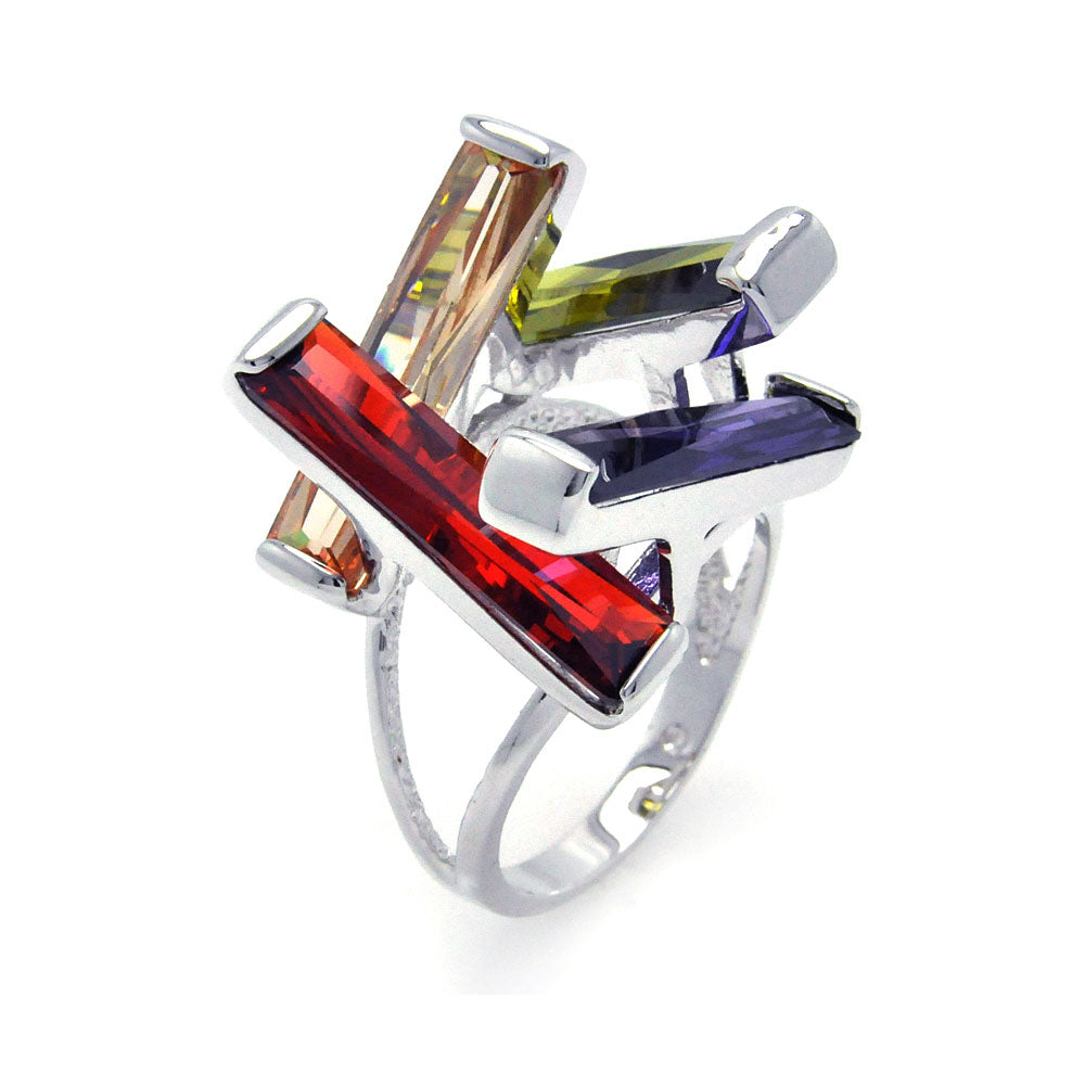 Silver 925 Rhodium Plated Multi Colored CZ Open Long Bar Ring - BGR00259