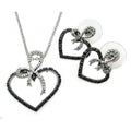 Silver 925 Rhodium and Black Rhodium Plated Black and Clear Open Heart Ribbon CZ Stud Earring and Necklace Set - BGS00077
